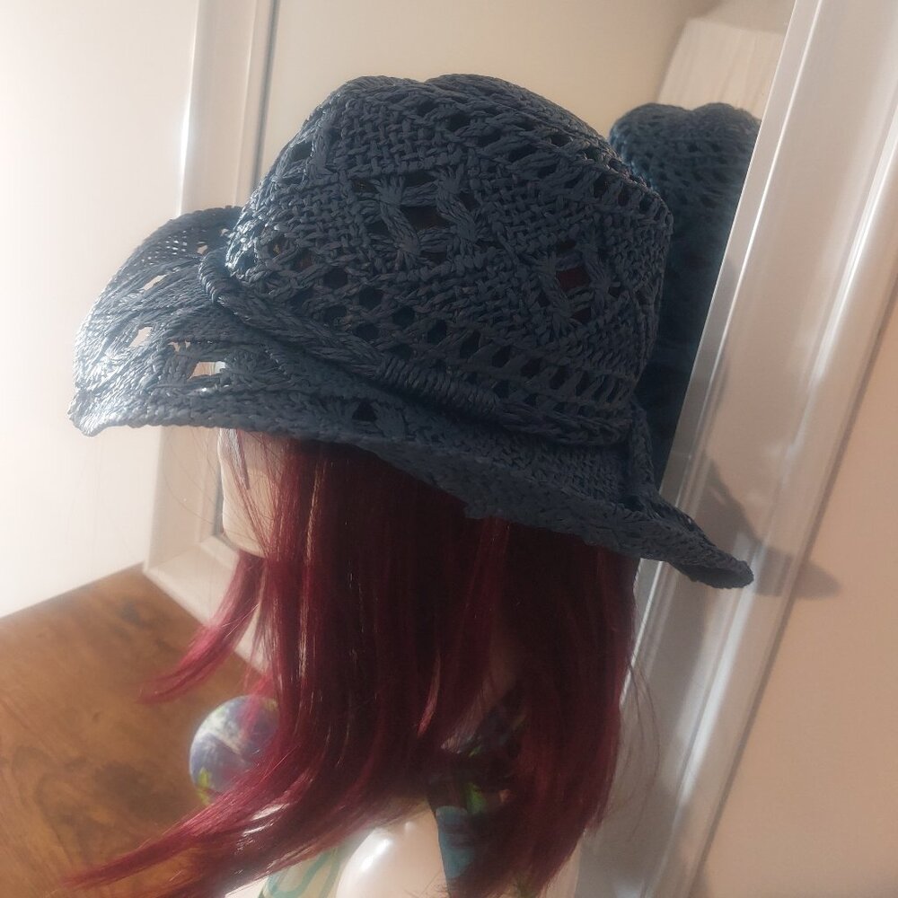 The Steve madden Denim Raffia Straw Hat - Blue Crochet Sun Hat - Picture 2 of 7